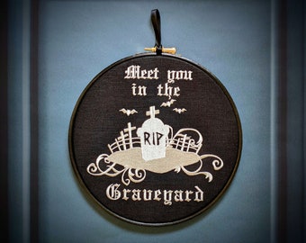 Meet you in the Graveyard. Machine embroidered 8" hoop. Vintage embroidery art with gothic inspiration