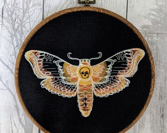 Death's Head Hawkmoth, machine embroidered, 8" hoop art, gift, Silence of the lambs, horror movie, SSDGM, haunted, curiosity, gothic gift