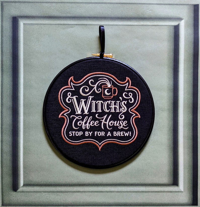 Witch's Coffee House. Machine embroidery 8 hoop. Perfect gift for coffee lover or colleague. Vintage embroidery art with gothic inspiration #2 Black wood