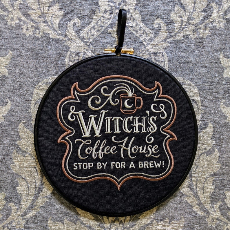 Witch's Coffee House. Machine embroidery 8 hoop. Perfect gift for coffee lover or colleague. Vintage embroidery art with gothic inspiration image 1