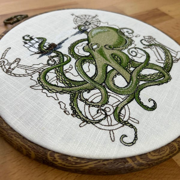 Kraken shipwreck, 8" hoop, embroidery hoop art, gift, Kraken, nautical gift, Davy Jones locker, Treasure island, Long Jon Silver