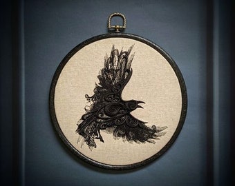 Lace Raven embroidery art. Machine embroidery 8" hoop. Gothic décor, Halloween décor