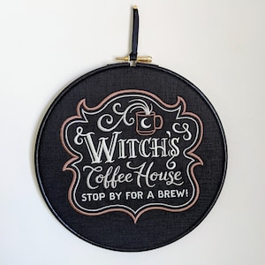 Witch's Coffee House. Machine embroidery 8 hoop. Perfect gift for coffee lover or colleague. Vintage embroidery art with gothic inspiration image 7