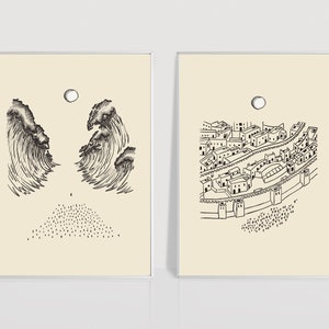 Puede incluir: Dos ilustraciones en blanco y negro sobre papel color crema. La ilustración de la izquierda muestra dos olas grandes rompiendo. La ilustración de la derecha muestra una ciudad amurallada con edificios y un río.