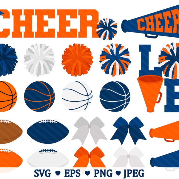 Blue & Orange Cheerleading SVG Clipart - Cheer Sports Basketball Football Pompom Bow Athlete Cheer Leader PNG Clip Art - For Commercial Use