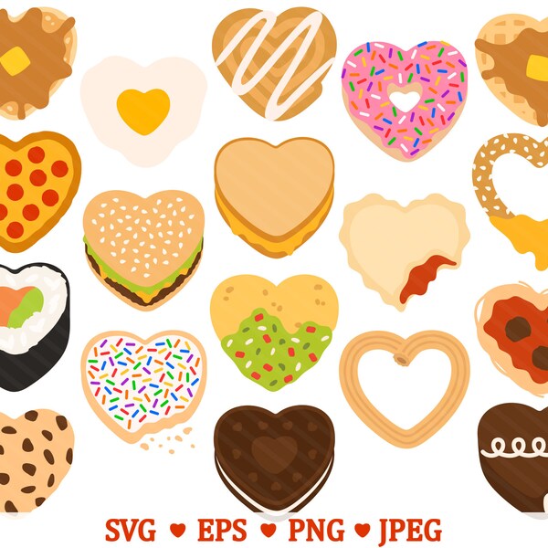 Nourriture en forme de cœur SVG Clipart - Pizza Sushi Burger Spaghetti Cookie Pancake Donut Waffle Churro Grilled Cheese Clip Art, Utilisation commerciale