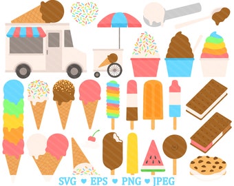 Ice Cream Truck SVG Clipart - Popsicle Dilly Bar Ice Cream Cone Sorbet Frozen Yogurt Chocolate Strawberry PNG Clip Art - For Commercial Use