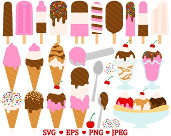 Ice Cream SVG Clipart - Summer Popsicle Neopolitan Fudgesicle Chocolate Strawberry Banana Split Sundae Cone PNG Clip Art - Commercial Use