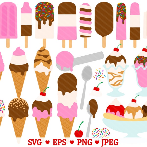 Ice Cream SVG Clipart - Summer Popsicle Neopolitan Fudgesicle Chocolate Strawberry Banana Split Sundae Cone PNG Clip Art - Commercial Use