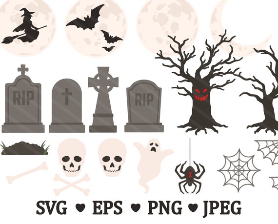 Halloween Graveyard SVG Clipart Halloween Zombie Ghost Bat - Etsy