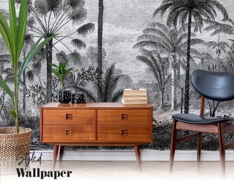 Black and White Tropical Etching Wallpaper | Peel and Stick, self-adhesive, tropical wallpaper, black and white wallpaper, wall mural
