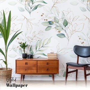 Green Eucalyptus Peel and Stick Wall Mural | Peel and Stick, self-adhesive, green leave and gold branches wallpaper, gold foil wallpaper