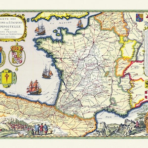 Francia, España, Carte des chemins de S. Jacques de Compostelle, 1648 Camino, mapa sobre lienzo de algodón duradero, 50 x 70 cm o 20x25" aprox.