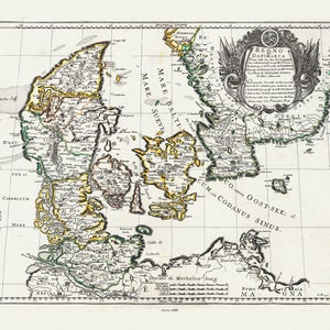 Dinamarca: Giovanni Giacomo de Rossi, Regno di Danimarca (Dinamarca), 1688, mapa em tela de algodão durável, 50 x 70 cm ou 20x25" aprox.