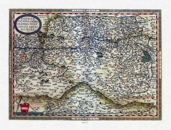 Austria: Abraham Ortelius, Theatrum Orbis Terrarum, Austriae Ducatus, 1570 Ver. II, map on heavy cotton canvas, 22x27" approx.