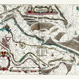 John Sellers, A Chart of the River of Humber, de Atlas Maritimus, 1672, mapa sobre lienzo de algodón pesado, 22x27" aprox.