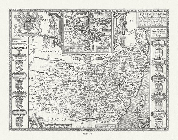England. Suffolk, 1676, Speed auth., map on durable cotton canvas, 50 x 70 cm or 20x25" approx.