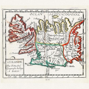 Islande: Du Val, l’Islande, 1682, carte sur toile de coton lourd, 22x27 » environ.
