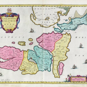 Países Bajos, Falstria et Mona Insvlæ In Mari Balthico. 1665. Blaeu auth., mapa sobre lienzo pesado de algodón, 50 x 70 cm
