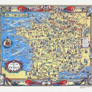 Francia: Vogelear et Walker, A Story map of France, 1936, mapa sobre lienzo pesado de algodón, 50 x 70 cm o 20x25" aprox.