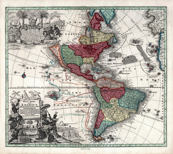 North and South America, Seutter auth., 1730, map on heavy cotton canvas, 50 x 70 cm or 20x25" approx.