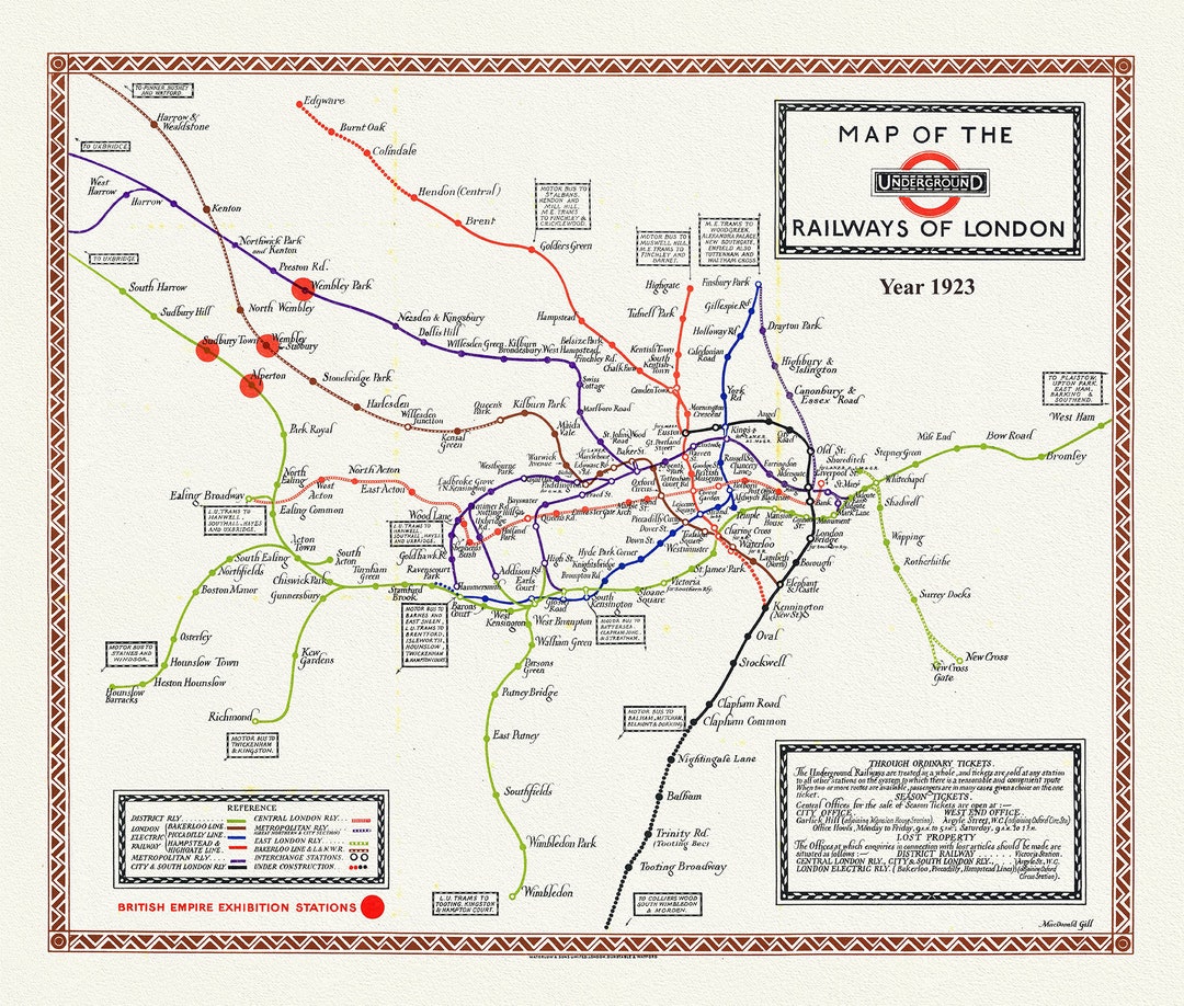London, 1923, Map of Underground Railways , Vintage Map Reprinted on ...