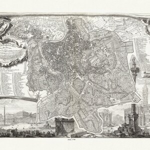 Italia, Roma, Noli & Piranesi, La topografia di Roma, 1748, mapa vintage reimpreso en lienzo de algodón duradero, 50 x 70 cm o 20x25" aprox.
