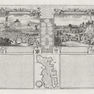 Japón: Succession des empereurs du Japon. 1718 , mapa sobre lienzo de algodón pesado, 50x70cm (20 x 25") aprox.