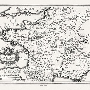 France: Tassin, Carte Générale de France- 1636 Ver. I, carte sur toile de coton lourd, 22x27 » environ.