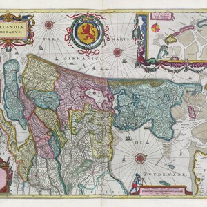Pays-Bas, Hollandia Comitatvs 1665, Blaeu auth., carte sur toile de coton lourde, 50 x 70 cm