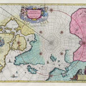 Polar Arctic North, Regiones Svb Polo Arctico. 1665. Blaeu auth., Karte auf schwerer Baumwollleinwand, 50 x 70 cm