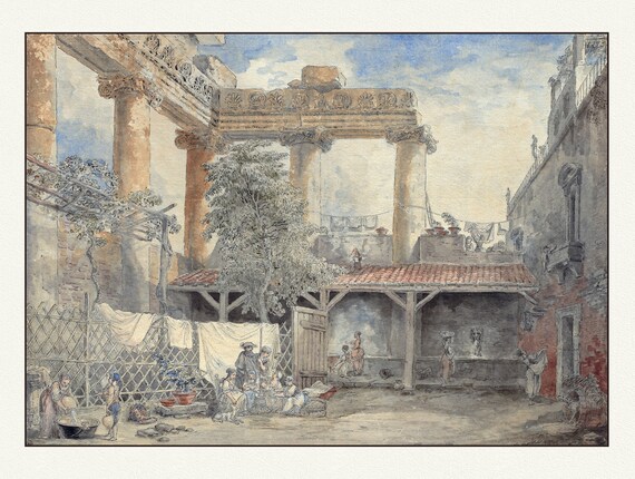 Roman Ruins, Villa Pamfili, 1774, Hubert Robert pinx., vintage etching  on durable cotton canvas, 50 x 70 cm or 20x25" approx.