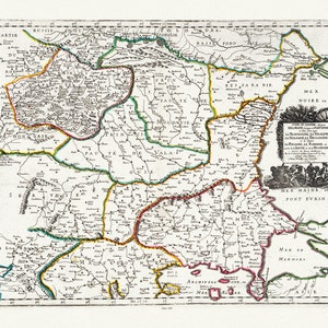Danubio: Sanson, Cours du Danube (Corazón del Danubio, Rumania, Bulgaria, Serbia, Moldavia, 1665, mapa sobre lienzo de algodón pesado, 22x27" aprox.