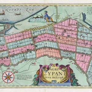 Países Baixos, descrição de Agri Zypani nova. 1665, autoria Blaeu, mapa em tela de algodão grosso, 50 x 70 cm