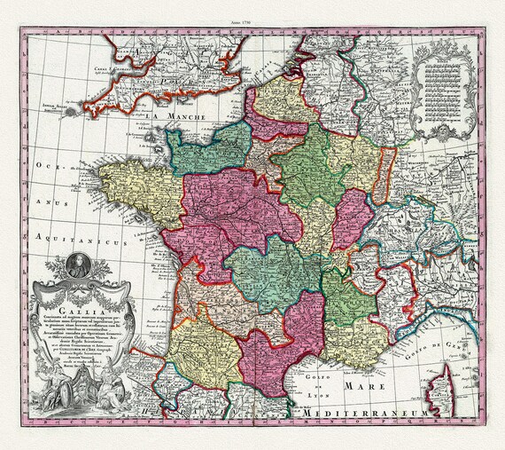 France: Seutter auth.,  Gallia, 1730, map on heavy cotton canvas, 50 x 70 cm or 20x25" approx.