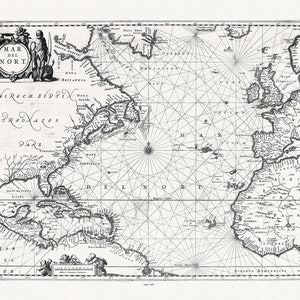Océano Atlántico: Jansson, Mar del Nort, 1650, mapa sobre lienzo de algodón pesado, 22x27" aprox.