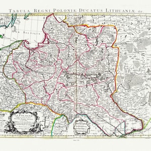 Pologne: Delisle, Covens et Mortier, La Pologne, 1742, carte sur toile de coton lourd, 22x27 » environ.