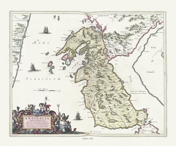 Scotland, Knapdale, Knapdalia Provincia, 1665, Blaeu, auth., map on durable cotton canvas, 50 x 70 cm or 20x25" approx.