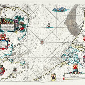 John Sellers, A Chart of the Seacoast of England, Flanders &Holland, 1672, , mapa sobre lienzo de algodón pesado, 22x27" aprox.
