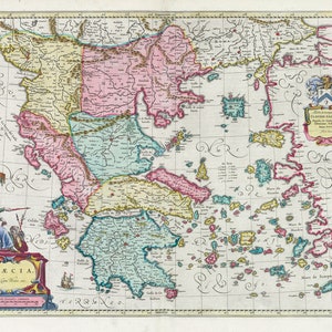 Mediterráneo, Grecia, 1665, Bleau auth., mapa sobre lienzo pesado de algodón, 50 x 70 cm