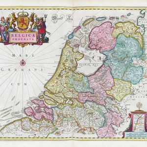 Lage Landen, Belgica Foederata 1665, Blaeu auth. , kaart op zwaar katoenen doek, 50 x 70 cm