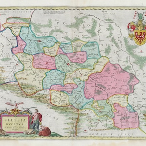 Pologne: Poloniae, Silesia Dvcatvs, 1665, Bleau auth., carte sur toile de coton lourde, 50 x 70 cm
