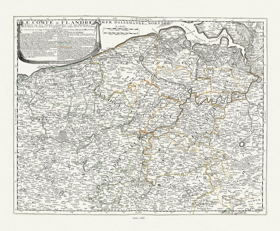 Low Countries, Le Comté de Flandre divisé en ses Parties, Quartiers, et Juridictions, 1689, Nolin auth., map , 50 x 70 cm or 20x25" approx.