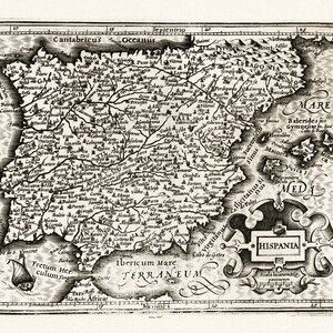 España: Mercator et Hondius, Hispania, 1607, mapa sobre lienzo de algodón pesado, 22x27" aprox.