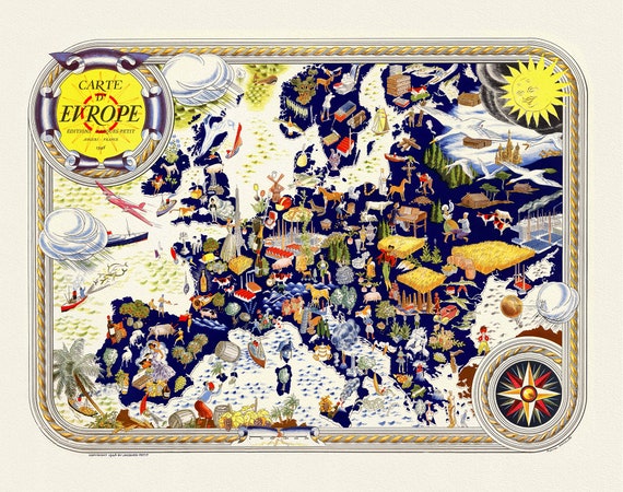 Carte d'Europe. Editions Jacque-Petit, Angers, France, 1946, map on heavy cotton canvas, 22x27" approx.