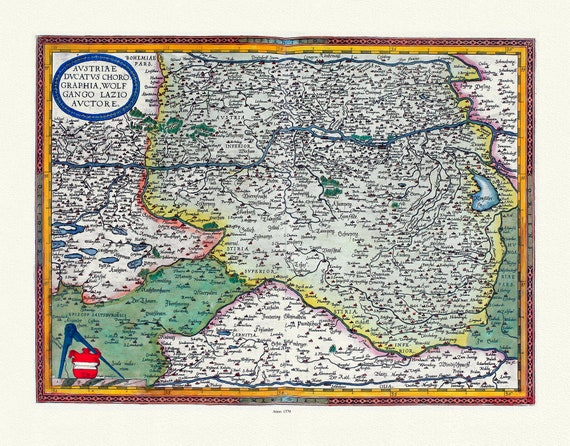 Austria: Ortelius, Abraham,  Theatrum Orbis Terrarum, Austriae Ducatus Chorographia, 1570 Ver. I, map on heavy cotton canvas, 22x27" approx.