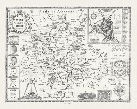 England. Worcestershire,1610, Speed authore, map on durable cotton canvas, 50 x 70 cm or 20x25" approx.