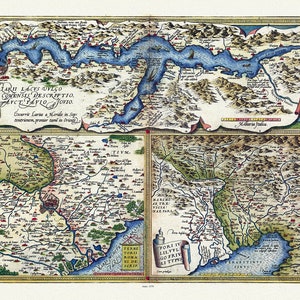 Italia Antiqua, Theatrum Orbis Terrarum, Lacvs Comensis olim larivs., Forvm ivlii. Romae territorivm, 1570 , mapa sobre lienzo, 50 x 70cm aprox