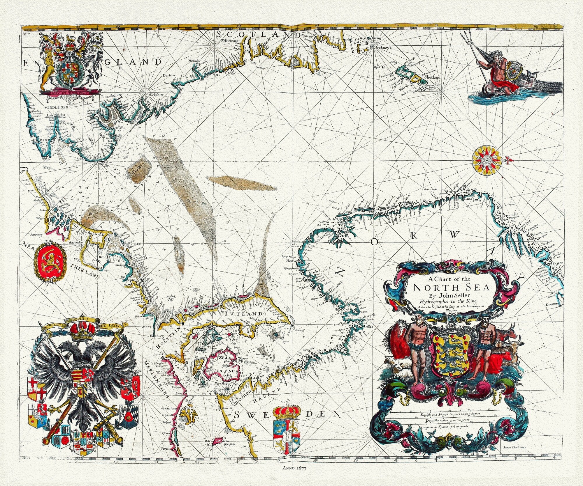 John Sellers, A Chart of the North Sea, From Atlas Maritimus, 1672, Map ...