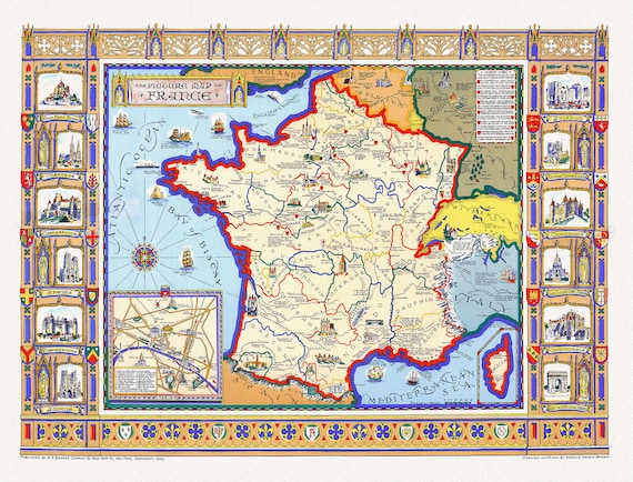France: A picture map of France, 1929, map on heavy cotton canvas, 22x27" approx.